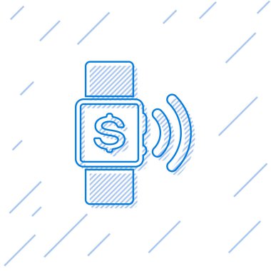 Mavi Temassız ödeme satırı simgesi beyaz arka planda yalıtılmış. Kablosuz temassız işlemler yapan nfc teknolojisine sahip smartwatch. Vektör İllüstrasyonu