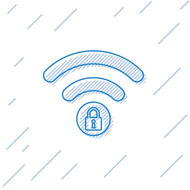 Mavi Wifi kilitli işaret satırı simgesi beyaz arka plan üzerinde izole. Şifre Wi-fi simgesi. Kablosuz Ağ simgesi. Wifi bölgesi. Vektör İllüstrasyonu