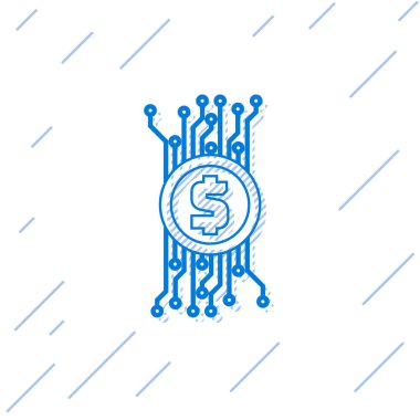 Mavi Cryptocurrency kavramı bitcoin beyaz arka plan üzerinde izole mikroçip devre hattı simgesi ile daire içinde. Blockchain teknolojisi, dijital para piyasası. Vektör İllüstrasyonu