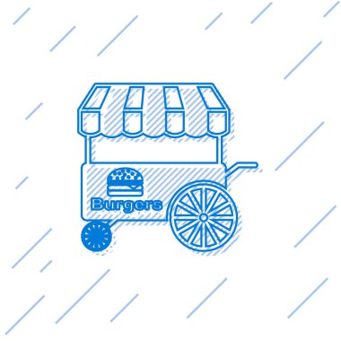 Beyaz arka plan üzerinde izole tente hattı simgesi ile Mavi Fast sokak gıda sepeti. Burger veya hamburger simgesi. Şehir köşkü. Vektör İllüstrasyonu