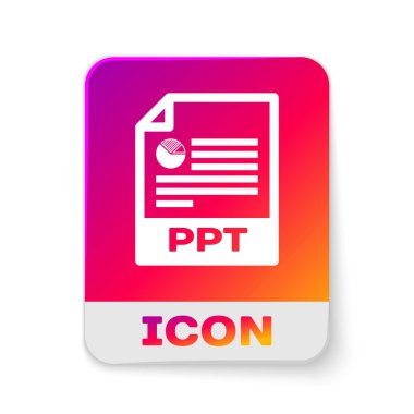 Beyaz Ppt dosya belge simgesi. Beyaz arka planda yalıtılmış ppt düğmesi simgesini indirin. Ppt dosya sunumu. Dikdörtgen renk düğmesi. Vektör İllüstrasyonu