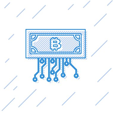 Mavi Cryptocurrency kavramı bitcoin beyaz arka plan üzerinde izole mikroçip devre hattı simgesi ile daire içinde. Blockchain teknolojisi, dijital para piyasası. Vektör İllüstrasyonu