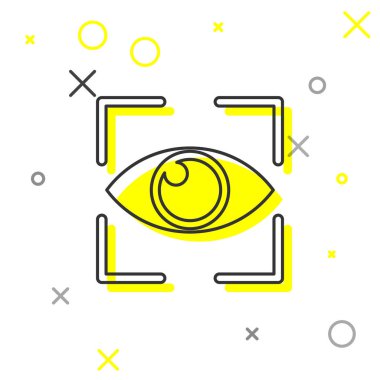 Gri Göz, beyaz arka planda yalıtılmış çizgi simgesini takın. Tarama gözü. Güvenlik kontrolü sembolü. Siber göz işareti. Vektör İllüstrasyonu