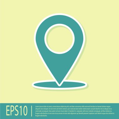 Yeşil Harita pin simgesi sarı arka planda yalıtılmış. İşaretçi simgesi. Konum işareti. Navigasyon haritası, gps, yön, yer, pusula, iletişim, arama konsepti. Düz tasarım. Vektör İllüstrasyonu