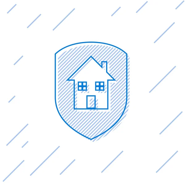 Το μπλε σπίτι κάτω από το εικονίδιο της γραμμής προστασίας απομονώνεται σε λευκό φόντο. Σπίτι και ασπίδα. Προστασία, ασφάλεια, ασφάλεια, προστασία, έννοια της άμυνας. Απεικόνιση διανυσματικών φορέων — Διανυσματικό Αρχείο