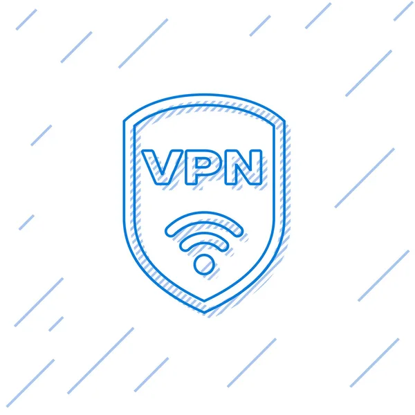 Vpnと無線LAN無線インターネットネットワークシンボルラインアイコンとブルーシールドは、白い背景に隔離されています。VPNは安全コンセプトを保護します。ベクトルイラストレーション — ストックベクタ