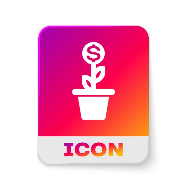 Planta de dólar blanco en el icono del pote aislado sobre fondo blanco. Concepto de crecimiento de inversión empresarial. Ahorro de dinero e inversión. Botón de color rectángulo. Ilustración vectorial — Vector de stock