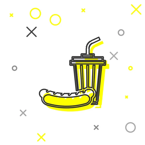 Šedá soda a Hotdogu line ikona izolovaná na bílém pozadí. Symbol rychlého občerstvení. Vektorová ilustrace — Stockový vektor