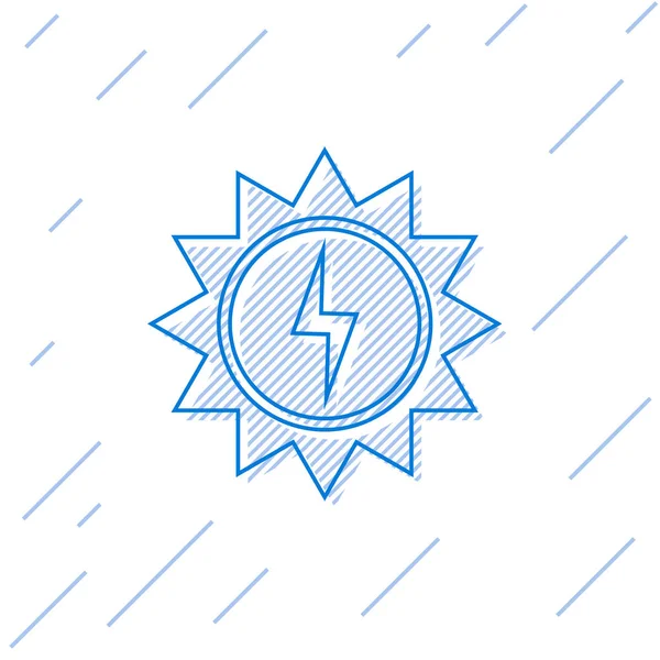 Icono de la línea del panel de energía solar azul aislado sobre fondo blanco. Sol con símbolo del rayo. Ilustración vectorial — Archivo Imágenes Vectoriales