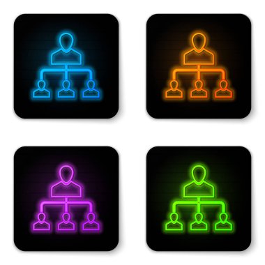 Beyaz arka planda yalıtılmış parlayan neon Referral pazarlama simgesi. Ağ pazarlama, iş ortaklığı, tavsiye programı stratejisi. Siyah kare düğme. Vektör İllüstrasyonu