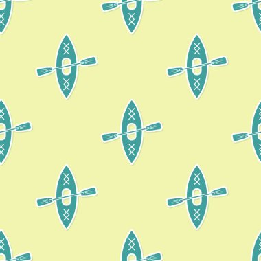 Yeşil Kayak ve raket simgesi sarı arka plan üzerinde dikişsiz desen izole. Balıkçılık ve turizm için kayak ve kano. Açık hava etkinlikleri. Düz tasarım. Vektör İllüstrasyonu