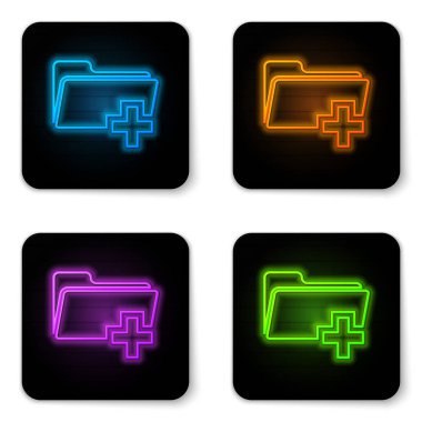 Parlayan neon Beyaz arka planda yalıtılmış yeni klasör simgesi ekleyin. Yeni klasör dosya işareti. Belge simgesini kopyalayın. Ekle ekle ekle ekle ekle ekle ekle ekle yeni artı simgesi oluştur. Siyah kare düğme. Vektör İllüstrasyonu