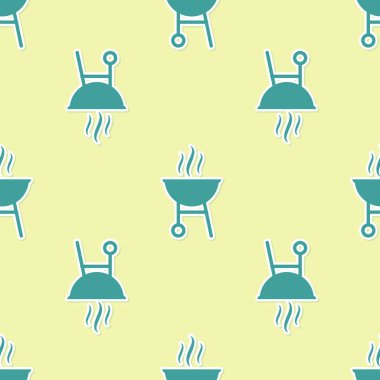 Yeşil Barbekü ızgara simgesi sarı arka plan üzerinde sorunsuz desen izole. Barbekü ızgara partisi. Vektör İllüstrasyonu
