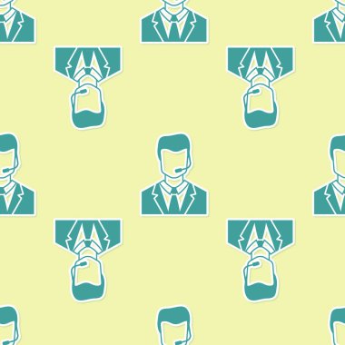 Yeşil Adam bir kulaklık simgesi sarı arka plan üzerinde sorunsuz desen izole ile. Destek operatörü temas halinde. Çağrı merkezi, müşteri destek hizmeti için konsept. Vektör İllüstrasyonu