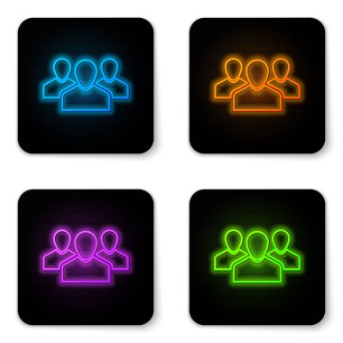 Beyaz arka planda yalıtılmış parlayan neon Kullanıcıları grup simgesi. Kişi grubu simgesi. İş avatarı simgesi - kullanıcı profil simgesi. Siyah kare düğme. Vektör İllüstrasyonu