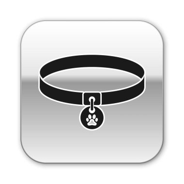 Beyaz arka planda izole edilmiş ad etiketi simgesine sahip Siyah Yaka. Evcil hayvanlar için erzak. Köpek ya da kedi pençesi izi. Kedi ve köpek bakımı. Evcil hayvan zincirleri. Gümüş kare düğme. Vektör İllüstrasyonu