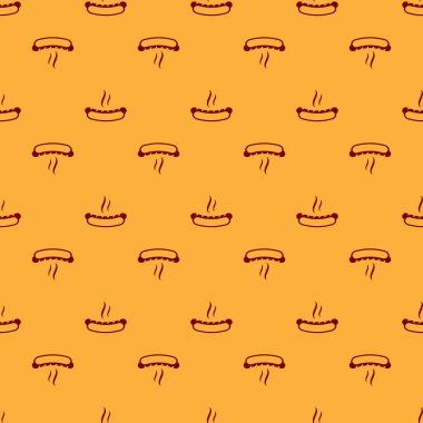 Hardal simgesi ile Kırmızı Hotdog sandviç kahverengi arka plan üzerinde izole dikişsiz desen. Sosis simgesi. Fast food işareti. Vektör İllüstrasyonu