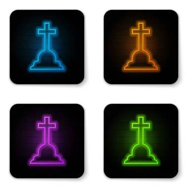 Beyaz zemin üzerinde çapraz simge izole edilmiş parlak neon Tombstone. Mezar ikonu. Siyah kare düğme. Vektör İllüstrasyonu