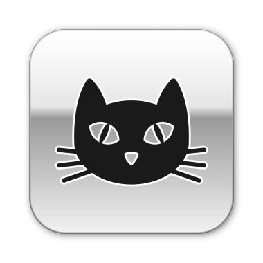 Siyah Kedi simgesi beyaz arka planda yalıtılmış. Gümüş kare düğme. Vektör İllüstrasyonu