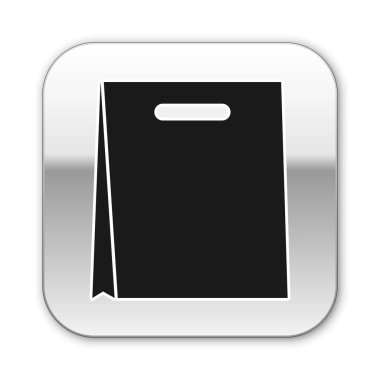 Siyah Kağıt alışveriş çantası simgesi beyaz arka plan üzerinde izole. Paket işareti. Gümüş kare düğme. Vektör İllüstrasyonu