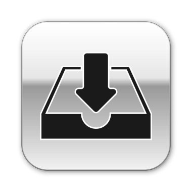 Beyaz arka planda yalıtılmış Siyah İndir gelen kutusu simgesi. Gümüş kare düğme. Vektör İllüstrasyonu