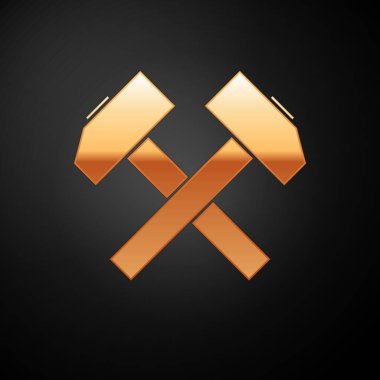 Altın İki siyah arka plan üzerinde izole edilmiş çapraz çekiç simgesi. Onarım aracı. Vektör İllüstrasyonu
