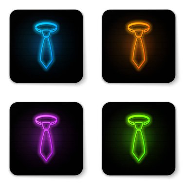 Beyaz arka planda izole parlayan neon Tie simgesi. Kravat ve boyun bezi sembolü. Siyah kare düğme. Vektör İllüstrasyonu
