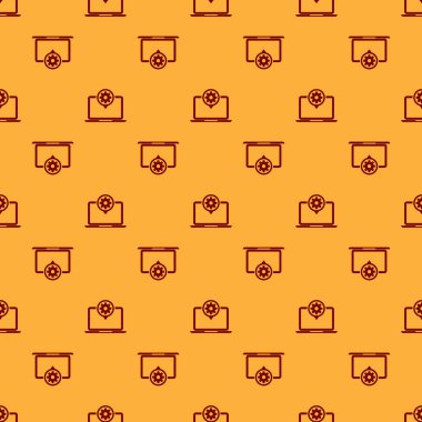 Kırmızı Laptop ve dişli simgesi kahverengi arka plan üzerinde sorunsuz desen izole. Dizüstü servis konsepti. Uygulamanın ayarlanması, seçenekleri ayarlama, bakım, onarım, sabitleme. Vektör İllüstrasyonu