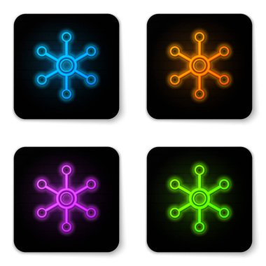 Beyaz arka planda yalıtılmış parlayan neon Ağ simgesi. Küresel ağ bağlantısı. Küresel teknoloji veya sosyal ağ. Noktaları ve çizgileri birbirine bağlıyor. Siyah kare düğme. Vektör İllüstrasyonu