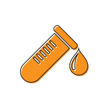 Turuncu Test tüp veya şişe kan simgesi damla beyaz arka plan üzerinde izole ile. Laboratuvar, kimyasal, bilimsel cam işareti. Vektör İllüstrasyonu