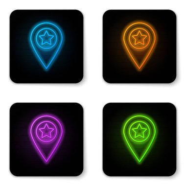 Beyaz arka planda izole edilmiş yıldız simgesine sahip parlayan neon Haritası işaretçisi. Yıldız favori pin harita simgesi. Harita işaretleri. Siyah kare düğme. Vektör İllüstrasyonu