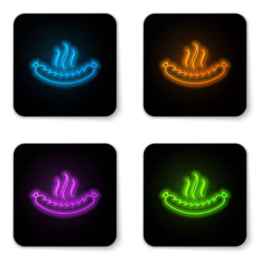 Beyaz arka plan üzerinde izole buhar simgesi ile Parlayan neon Sosis. Izgara sosis ve aroma işareti. Siyah kare düğme. Vektör İllüstrasyonu