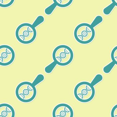 Yeşil DNA araştırması, arama simgesi sarı arka plan üzerinde izole dikişsiz desen. Büyüteç ve DNA zinciri. Genetik mühendisliği, klonlama, babalık testi. Vektör İllüstrasyonu