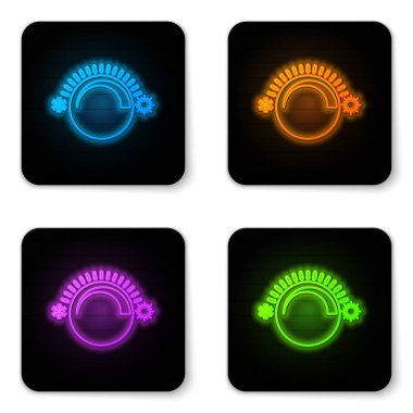 Beyaz arka planda izole parlayan neon Termostat simgesi. Sıcaklık kontrolü. Siyah kare düğme. Vektör İllüstrasyonu