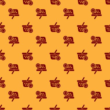 Kırmızı Refresh alışveriş sepeti simgesi kahverengi arka plan üzerinde sorunsuz desen izole. Online satın alma konsepti. Teslimat hizmeti işareti. Süpermarket sepeti simgesini güncelleyin. Vektör İllüstrasyonu