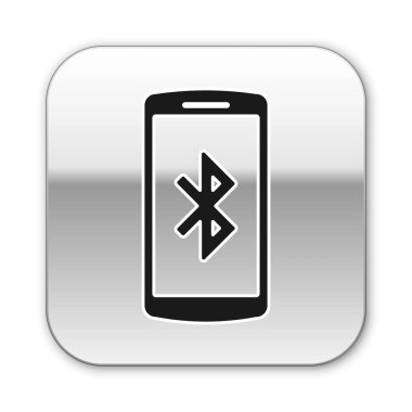 Beyaz arka planda izole bluetooth sembolü simgesi ile Siyah Smartphone. Gümüş kare düğme. Vektör İllüstrasyonu