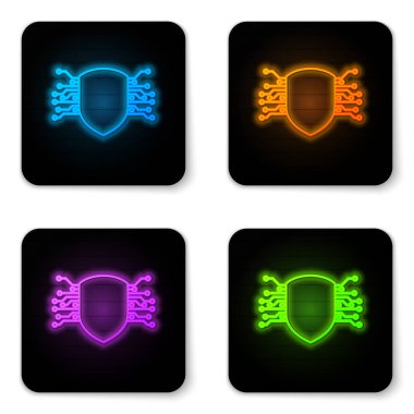 Beyaz arka planda izole parlayan neon Cyber güvenlik simgesi. Kalkan işareti. Güvenlik konsepti. Dijital veri koruması. Siyah kare düğme. Vektör İllüstrasyonu