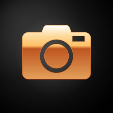 Siyah arkaplanda izole edilmiş altın fotoğraf makinesi simgesi. Fotoğraf makinesi simgesi. Vektör İllüstrasyonu