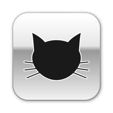 Siyah Kedi simgesi beyaz arka planda yalıtılmış. Gümüş kare düğme. Vektör İllüstrasyonu