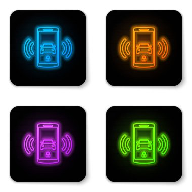 Beyaz arka planda izole parlayan neon Smart araç alarm sistemi simgesi. Akıllı telefon kablosuz araç güvenliğini kontrol eder. Siyah kare düğme. Vektör İllüstrasyonu
