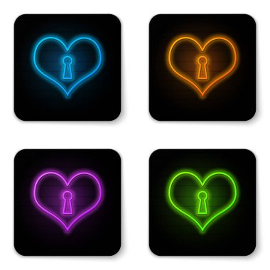 Beyaz arka planda izole anahtar deliği simgesi ile Parlayan neon Kalp. Kilitli Kalp. Aşk sembolü ve anahtar deliği işareti. Siyah kare düğme. Vektör İllüstrasyonu