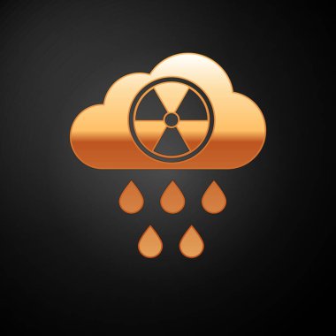 Altın Asit yağmur ve radyoaktif bulut simgesi siyah arka plan üzerinde izole. Toksik hava kirliliğinin çevre üzerindeki etkileri. Vektör İllüstrasyonu