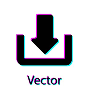 Beyaz arka planda yalıtılmış Siyah İndir simgesi. Yükle düğmesi. Yük sembolü. Ok noktası aşağıya doğru. Vektör İllüstrasyonu
