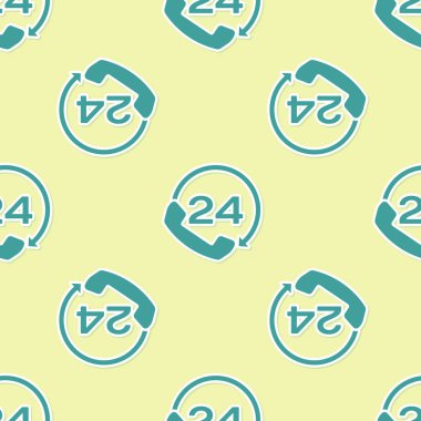 Yeşil Telefon 24 saat destek simgesi sarı arka plan üzerinde izole kesintisiz desen. Tüm gün müşteri desteği çağrı merkezi. Tam zamanlı arama hizmetleri. Düz tasarım. Vektör İllüstrasyonu