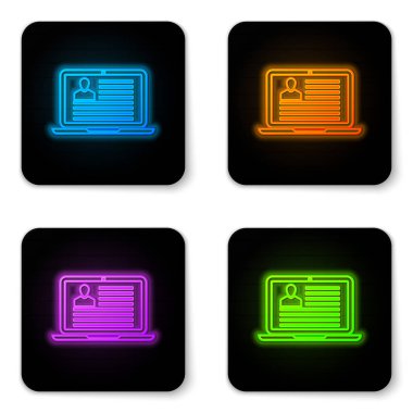 Beyaz arka planda izole özgeçmiş simgesi ile Parlayan neon Laptop. Cv başvurusu. Profesyonel personel aranıyor. Analiz personel devam. Siyah kare düğme. Vektör İllüstrasyonu