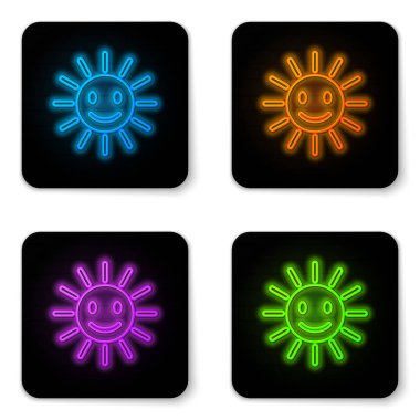 Beyaz arka plan üzerinde izole gülümseme simgesi ile Parlayan neon Sevimli güneş. Komik gülümseyen güneş. Mutlu güneşli bir gülümseme. Siyah kare düğme. Vektör İllüstrasyonu