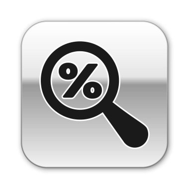 Beyaz arka planda izole yüzde indirim simgesi ile Siyah Büyüteç. İndirim teklifleri arama. İndirimli satış işareti arayın. Gümüş kare düğme. Vektör İllüstrasyonu