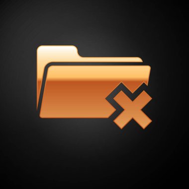 Gold Delete klasör simgesi siyah arka planda yalıtılmış. Geri dönüşüm kutusu ile klasör. Silme veya hata klasörü. Bilgisayar bilgileri klasörü işaretini kapatın. Vektör İllüstrasyonu