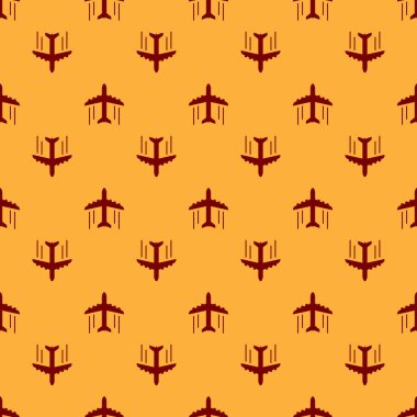 Kırmızı Düzlem simgesi kahverengi arka plan üzerinde sorunsuz desen izole. Uçan uçak simgesi. Uçak işareti. Düz tasarım. Vektör İllüstrasyonu