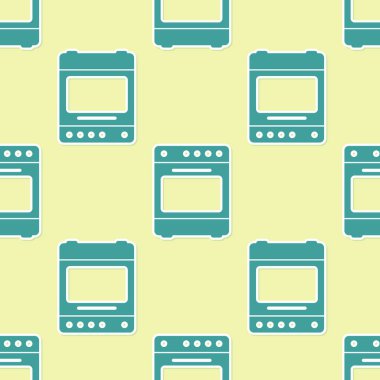 Yeşil Fırın simgesi sarı arka plan üzerinde dikişsiz desen izole. Soba gazlı fırın işareti. Düz tasarım. Vektör İllüstrasyonu